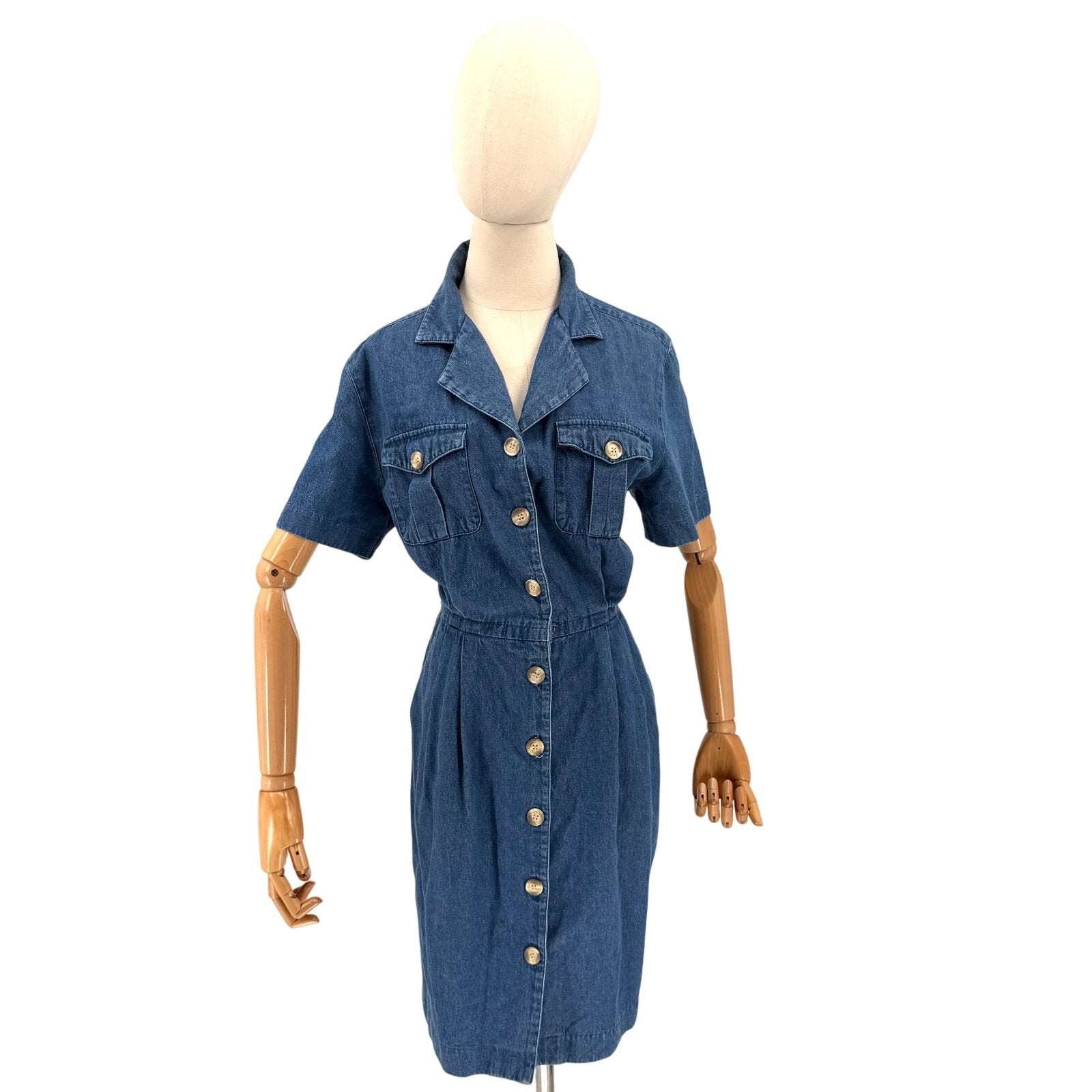Vintage 90s Talbots Blue 100% Cotton Americana Utility Pocket Shirt Dress