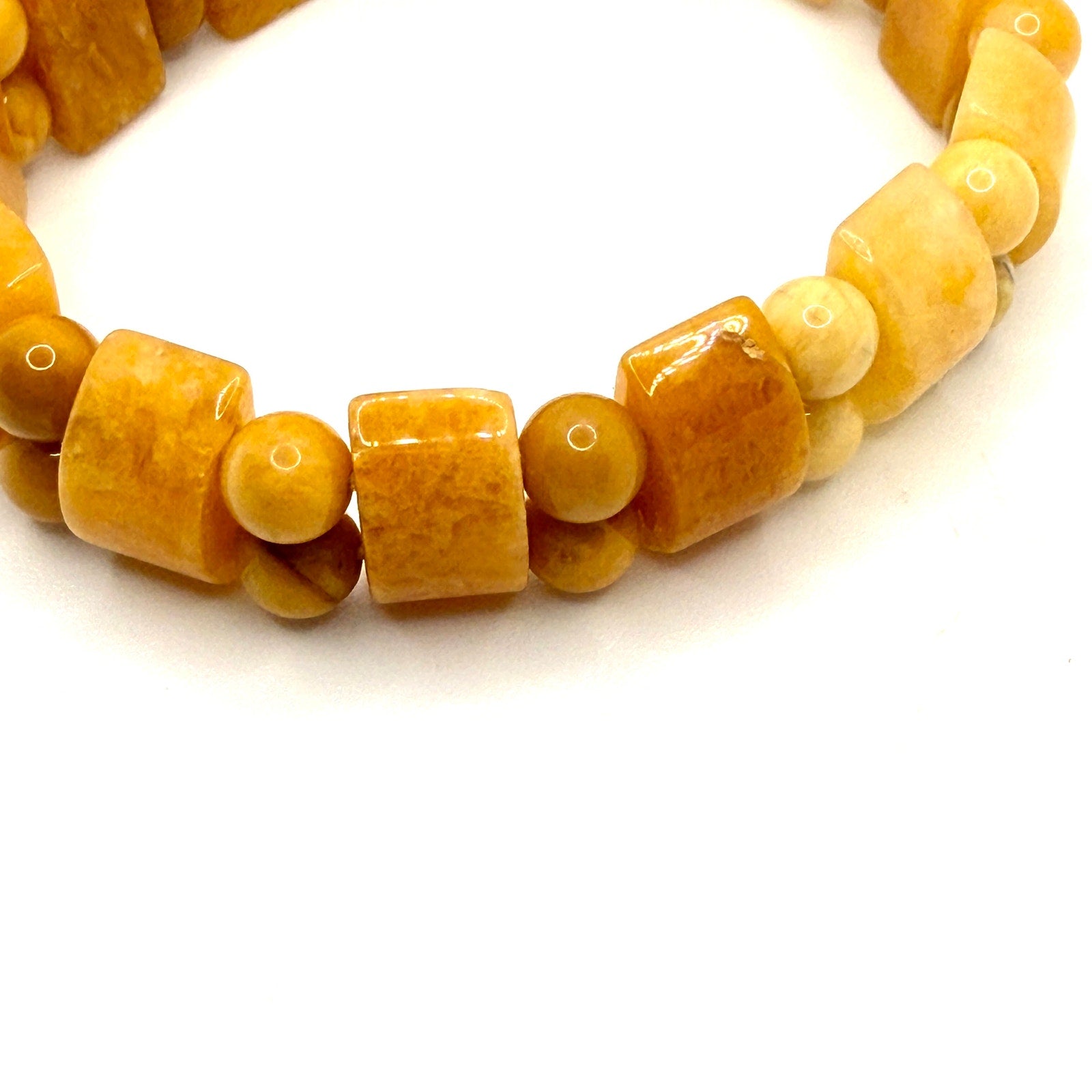 Vintage 90s Yellow Baltic Amber Barrel Bead Double Strand Stretch Bracelet