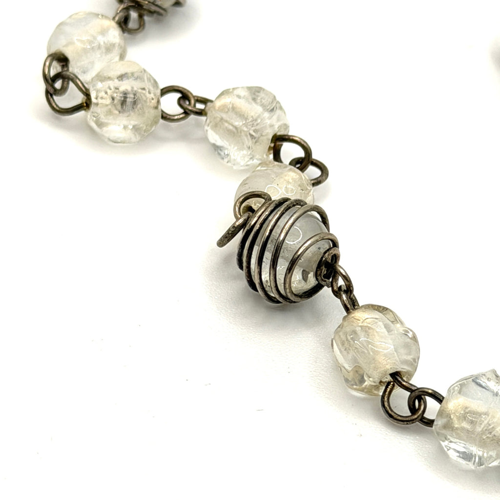 Vintage 90s Clear Glass Wire Wrapped Cage Station Flapper Long Necklace