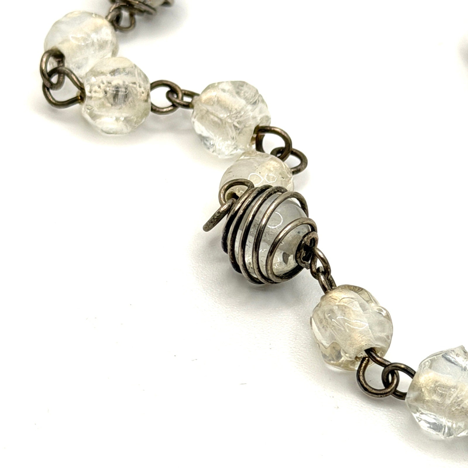 Vintage 90s Clear Glass Wire Wrapped Cage Station Flapper Long Necklace