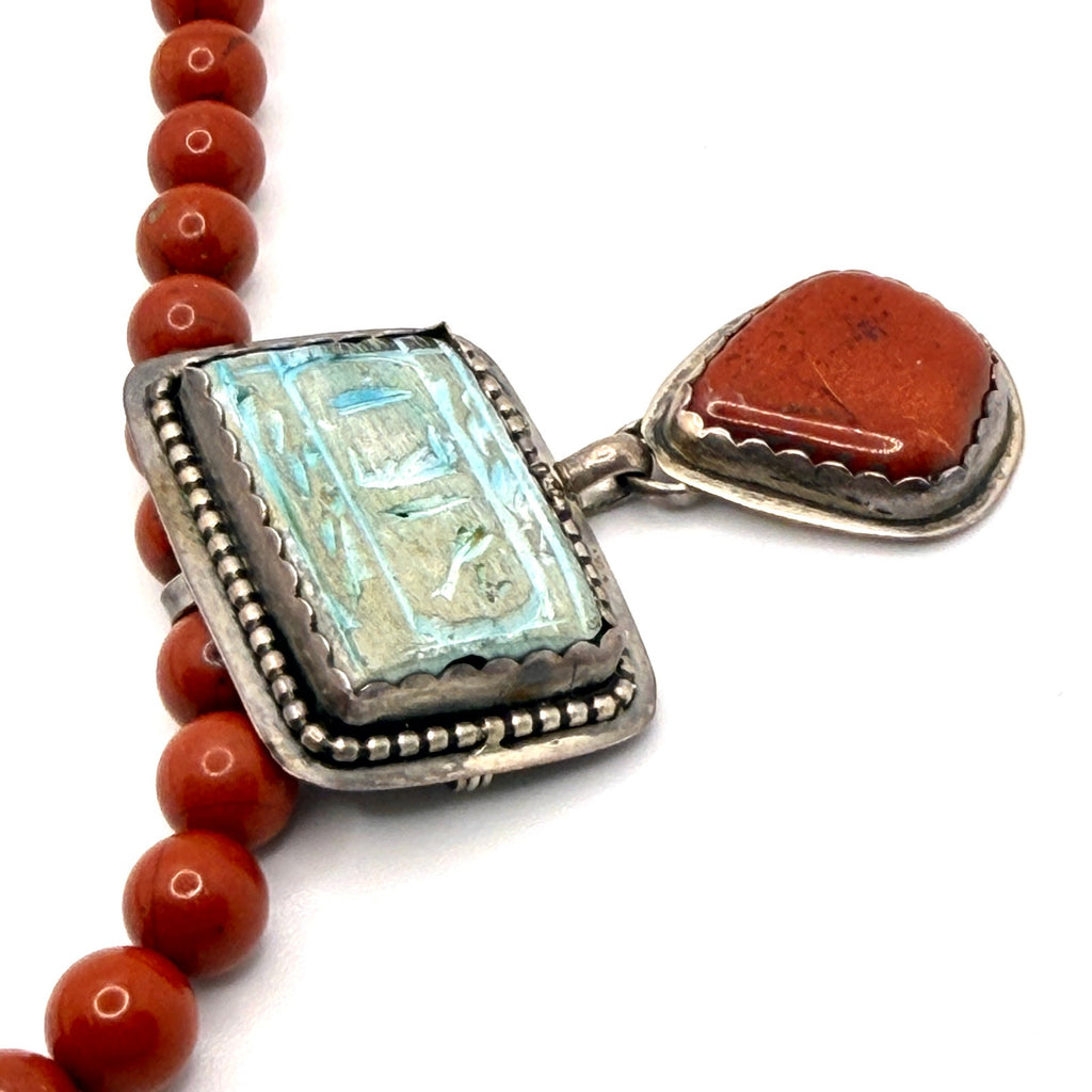 Vintage 90s Gem-N-I Sterling Silver Red Jasper Hieroglyph Necklace Brooch