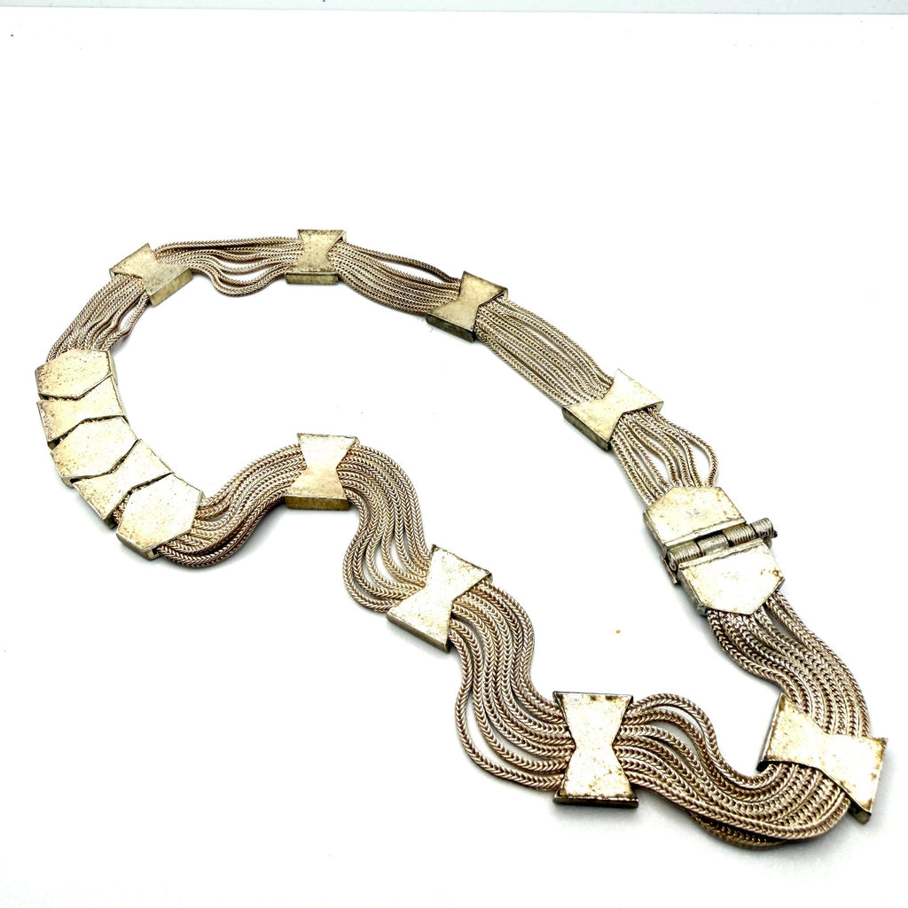Vintage 60s Stamped Sterling Silver Turkish Trabzon Enamel Multi Strand Necklace