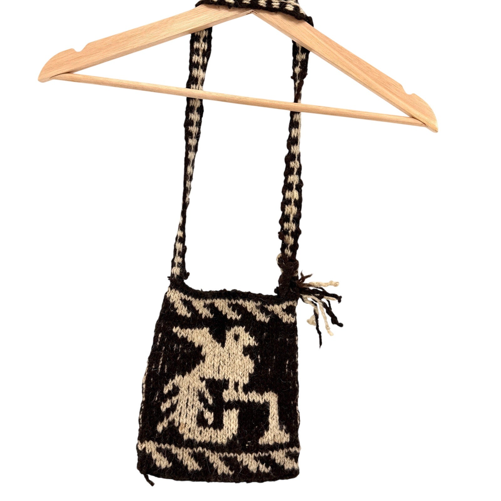 Vintage 70s Small Dark Brown & Cream 100% Wool Bird Motif Peruvian Purse