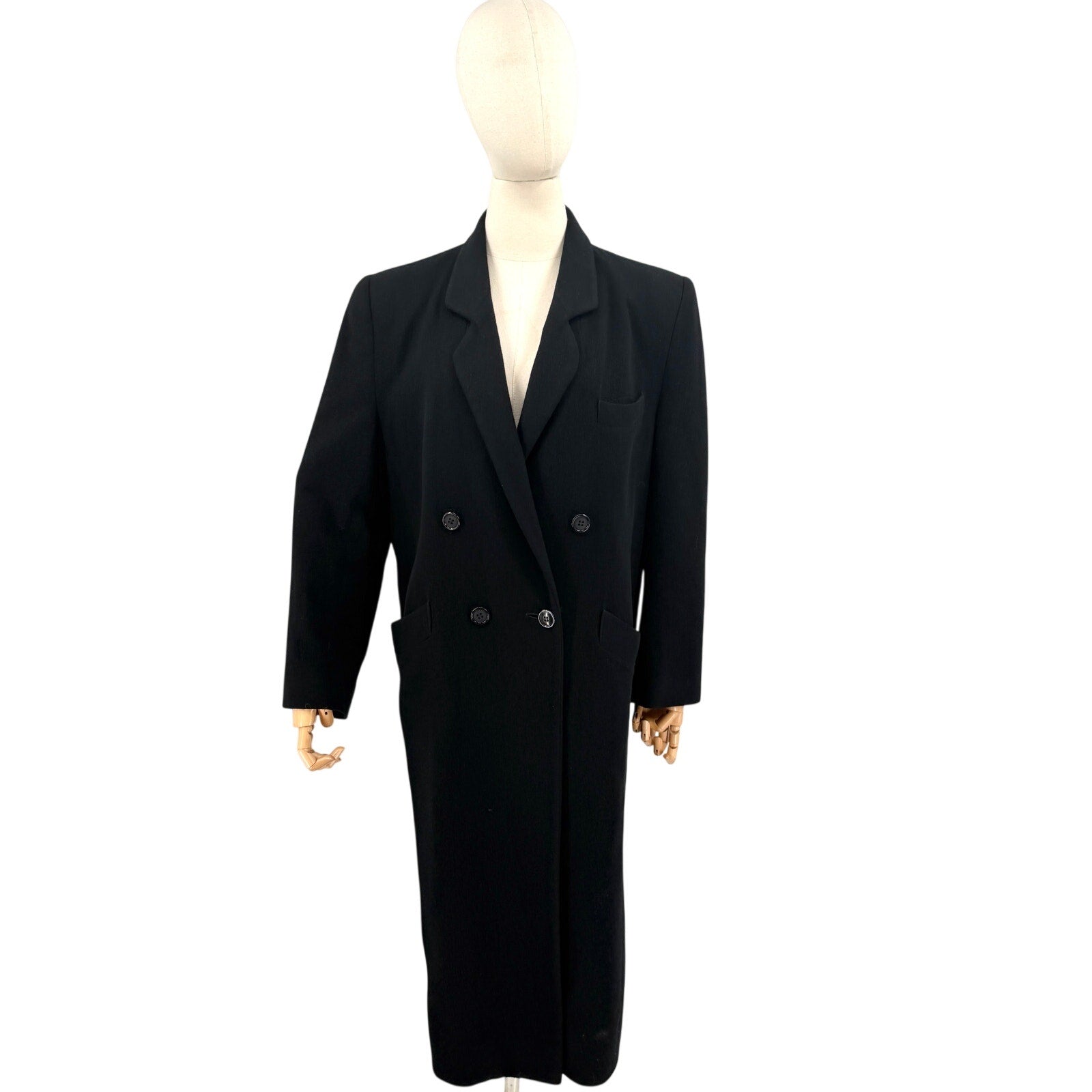 Vintage 90s Fleurette Black 100% Cashmere Double-Breasted Coat