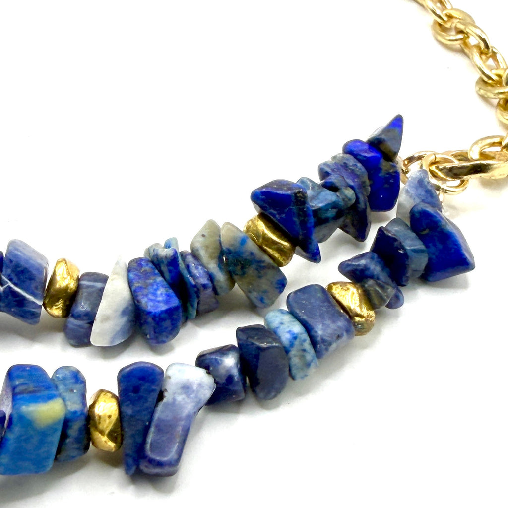 Vintage 90s Blue Sodalite Lapis Stone Chip Layered Double Strand Chain Necklace