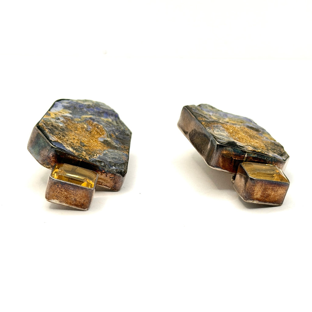 Vintage 90s Signed Amy Kahn Russell Blue Azurite Malachite Citrine Earrings