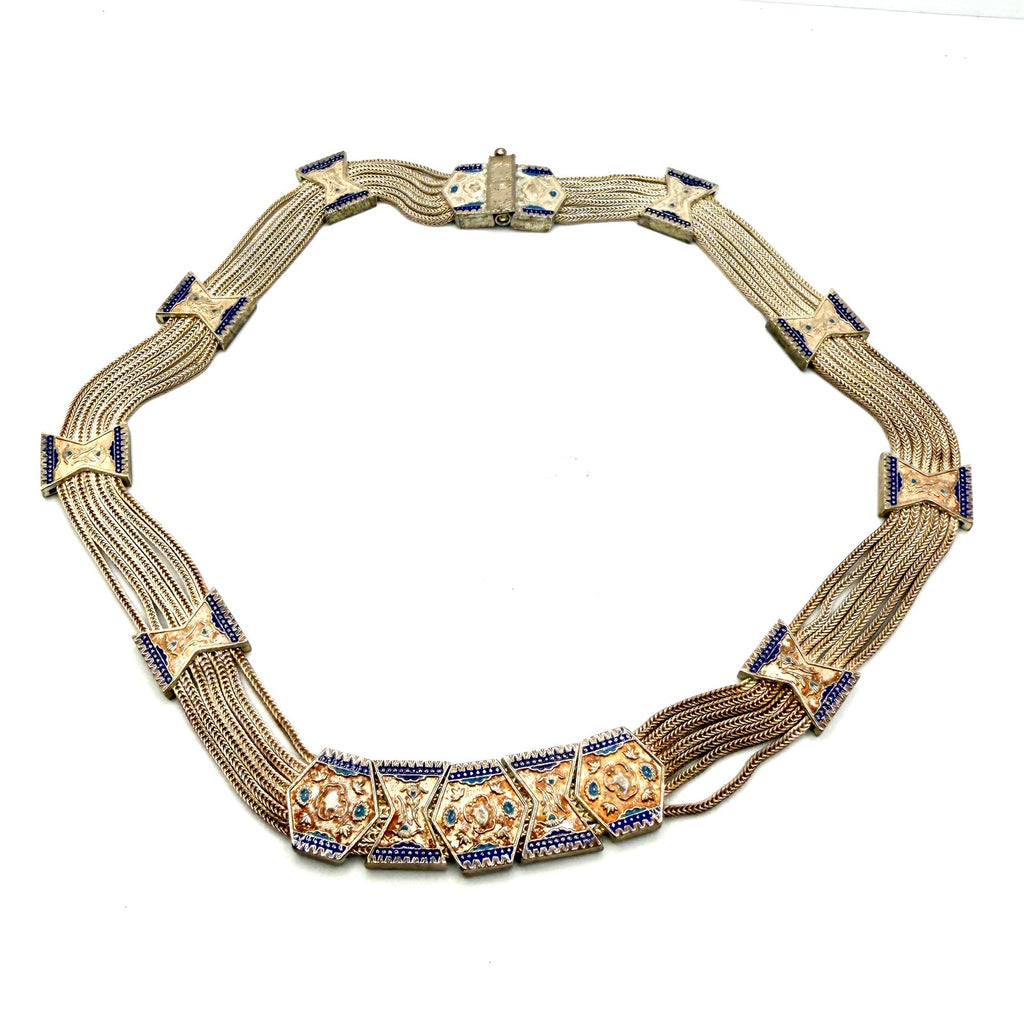 Vintage 60s Stamped Sterling Silver Turkish Trabzon Enamel Multi Strand Necklace