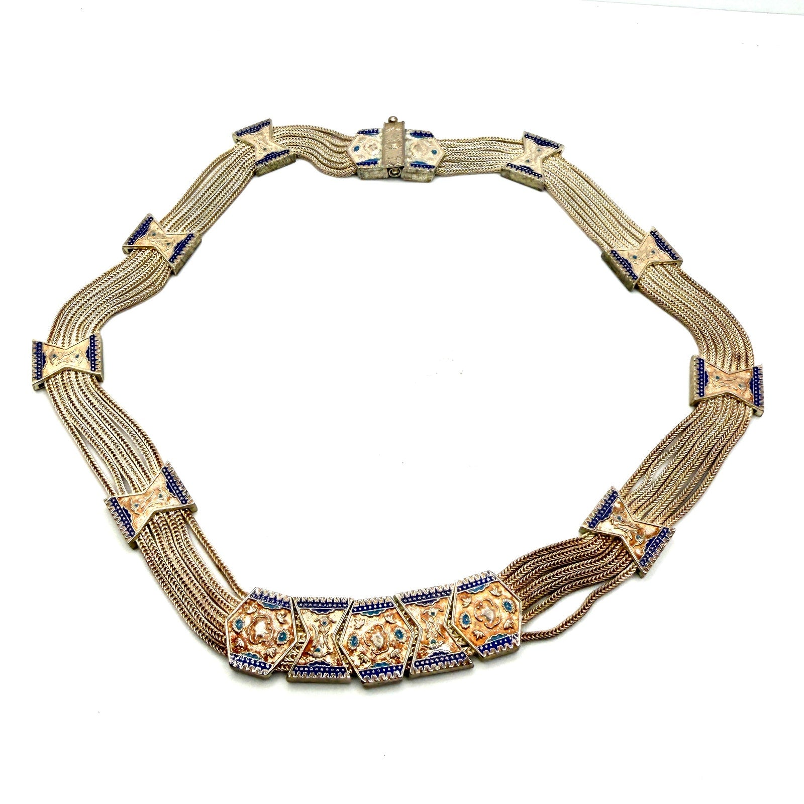 Vintage 60s Stamped Sterling Silver Turkish Trabzon Enamel Multi Strand Necklace