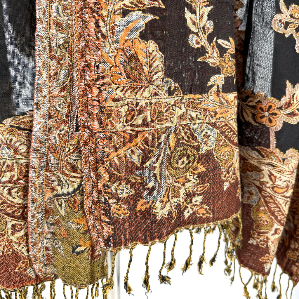 Black Brown Woven Jacquard Paisley Floral Fringe Wrap Shawl