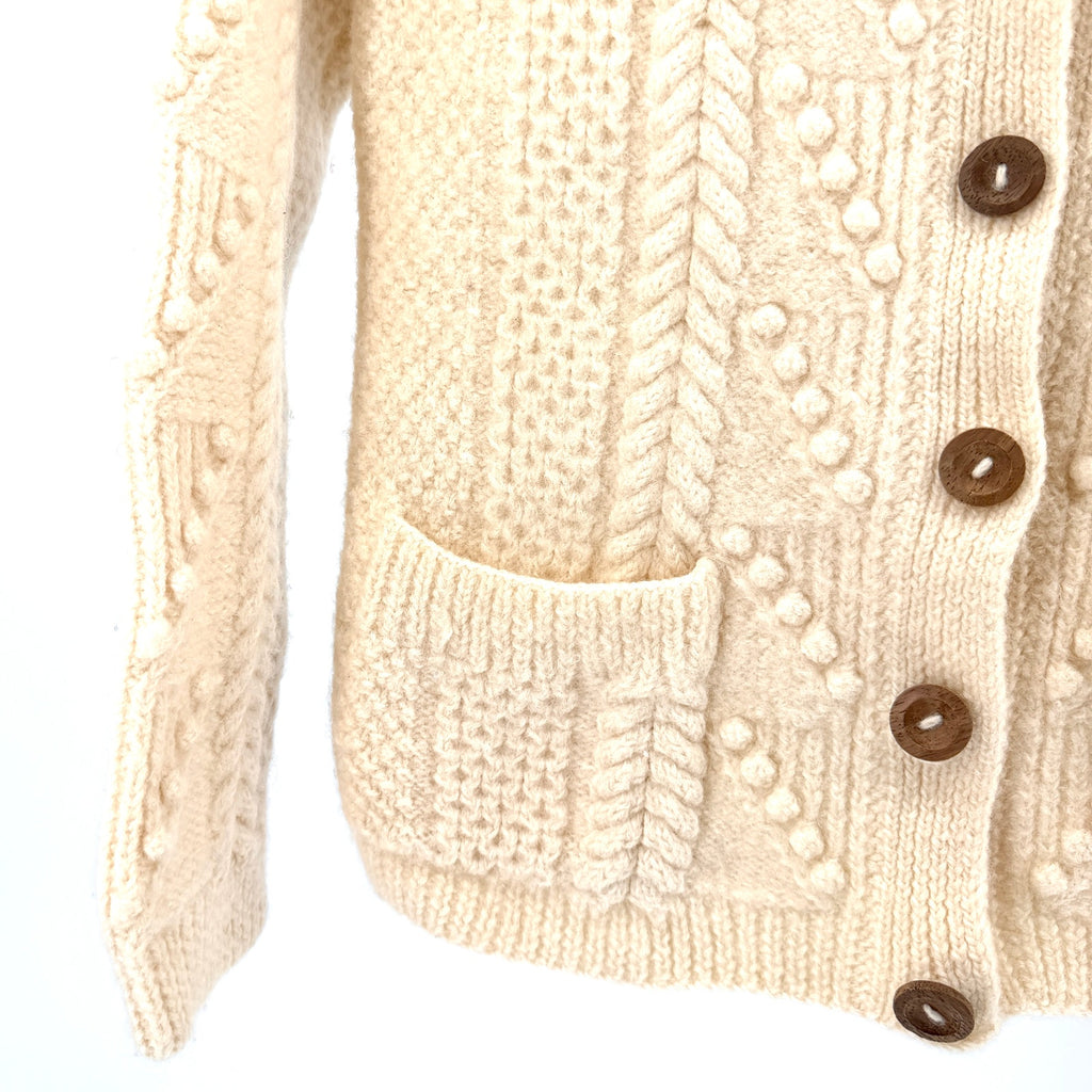 Vintage 70s Derek Clothes Cream 100% Wool Hand Knit Wood Button Cardigan