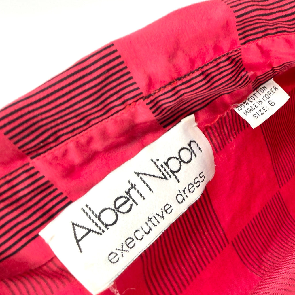 Vintage 80s Albert Nipon Red 100% Cotton Checkerboard Shirt Dress