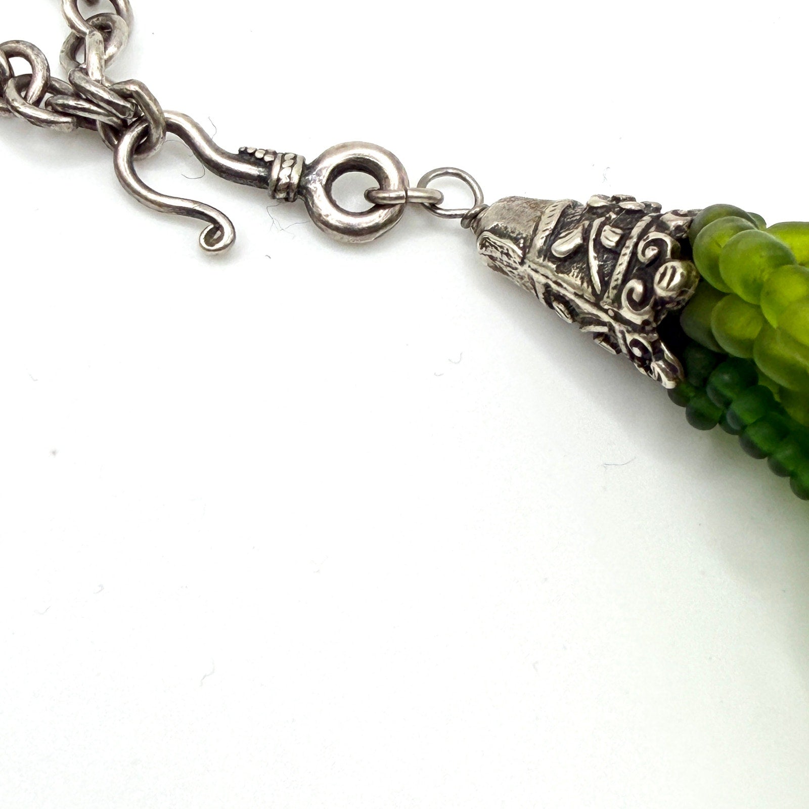 Vintage 90s Green Frosted Glass Multi Strand Chandelier Necklace