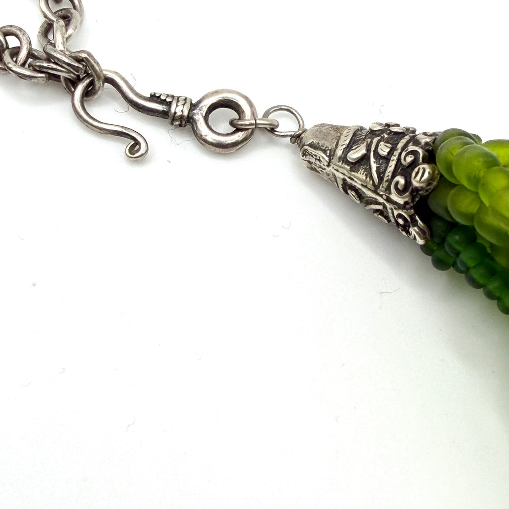 Vintage 90s Green Frosted Glass Multi Strand Chandelier Necklace