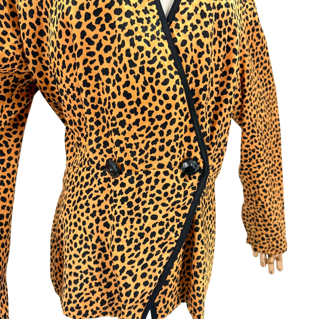 Vintage 80s C. Jay Orange Black Leopard Maximal Wrap Puff Sleeve Blouse