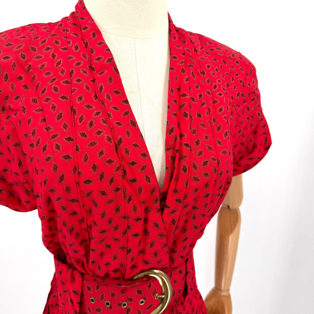 Vintage 80s T Juniors Red Patterned Rayon Belted Shoulder Pad Midi Dress