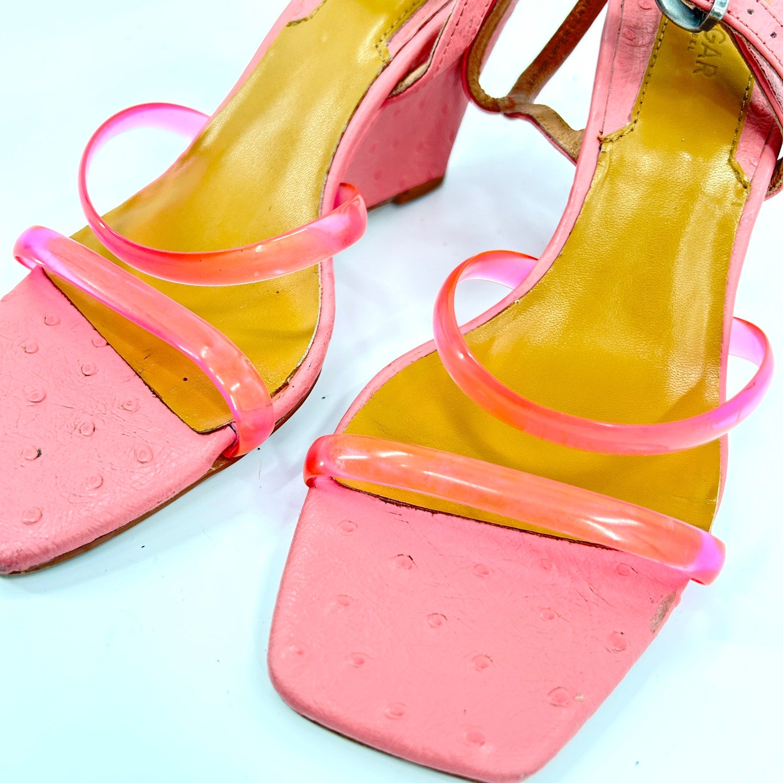 Vintage Y2K Jaggar Pink Ostrich Embossed Genuine Leather Neon Strap Wedges