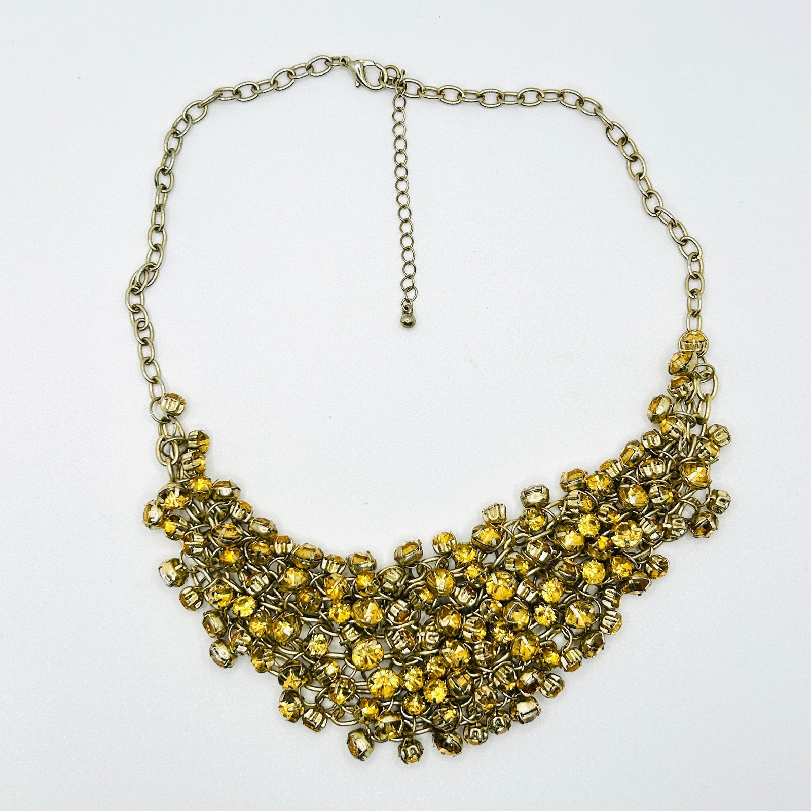 Y2k Yellow Gold Rhinestone Crystal Chain Link Bib Glam Bling Costume Necklace