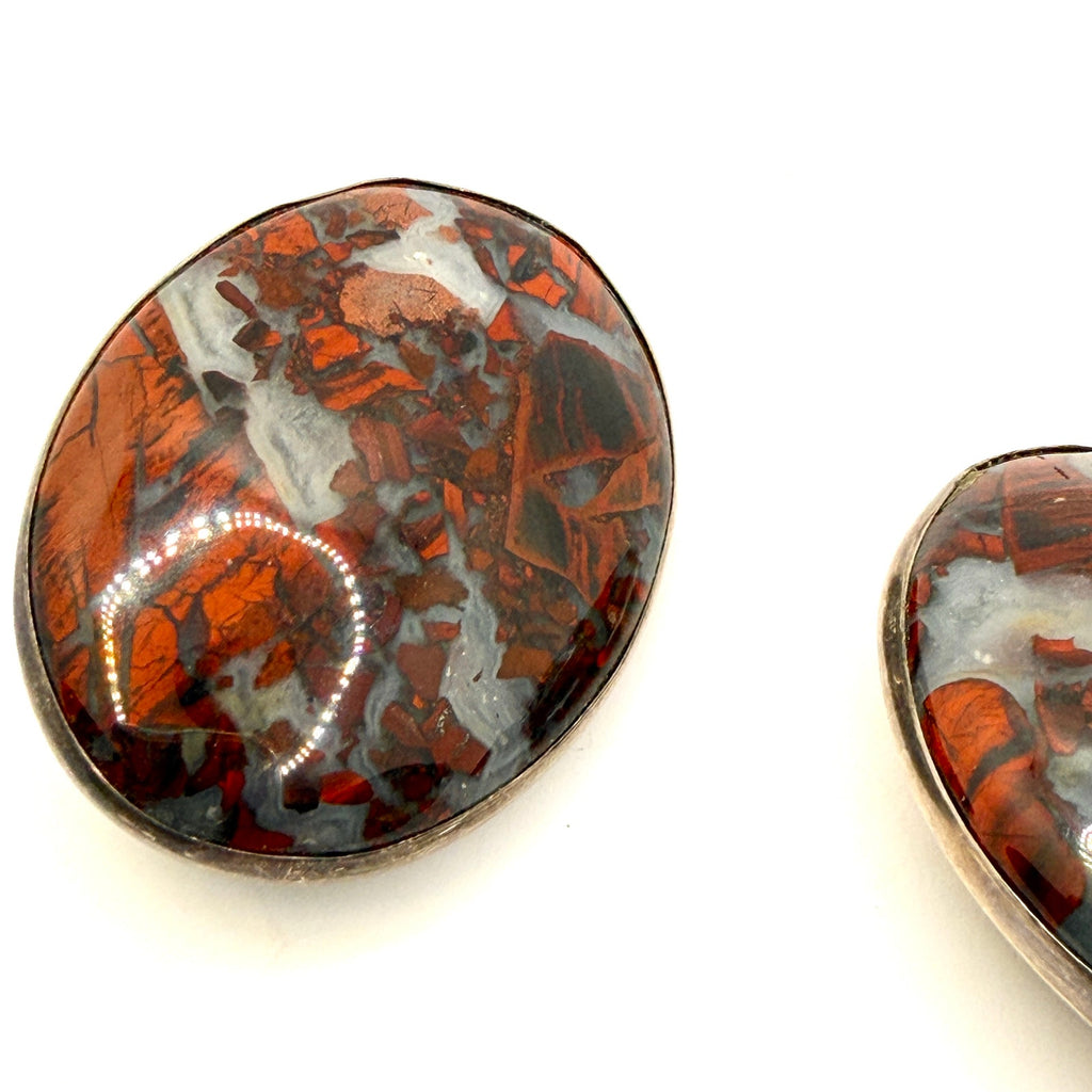 Vintage 90s Sterling Silver Red Jasper Oval Artist Signed Clip On Earrings
