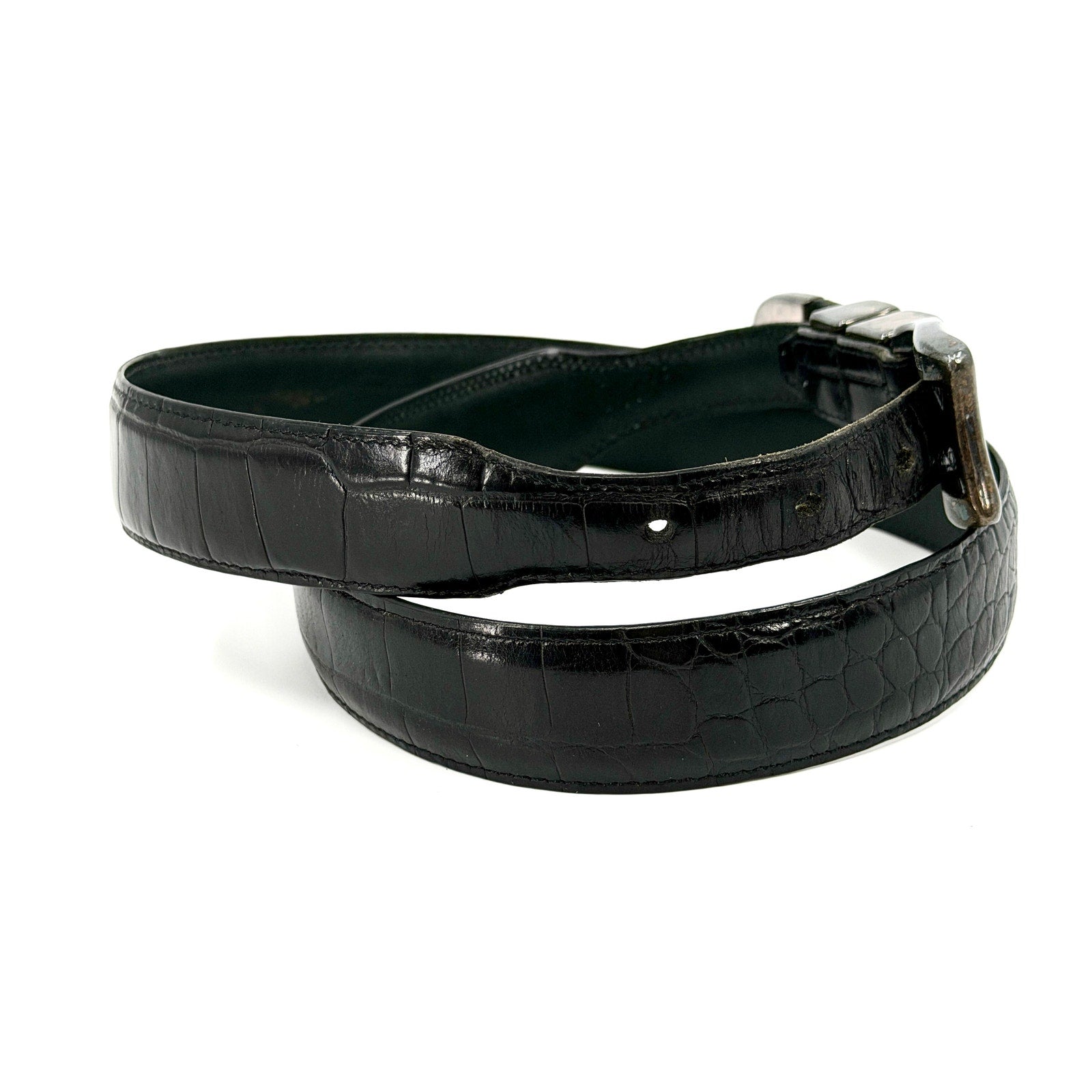 Vintage 90s Black Genuine Leather Croc Embossed Silver Tipped Belt