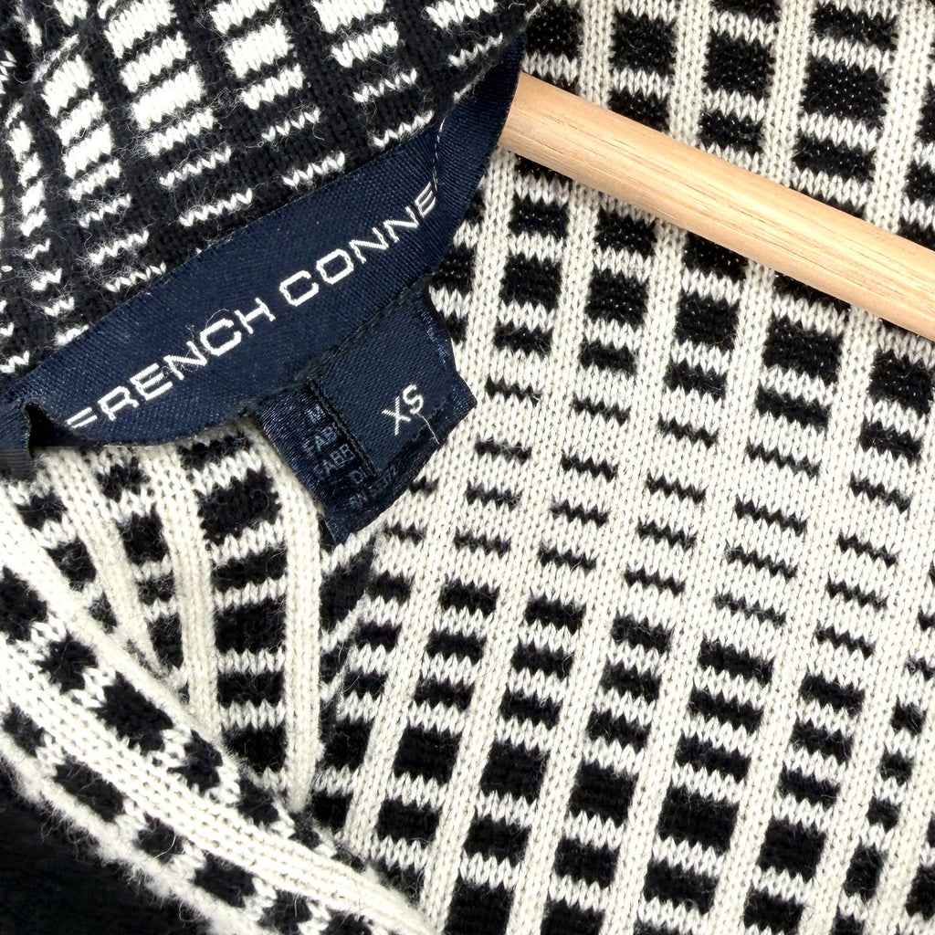 French Connection Black White Grid Plaid Zip Mock Neck Sweater Top