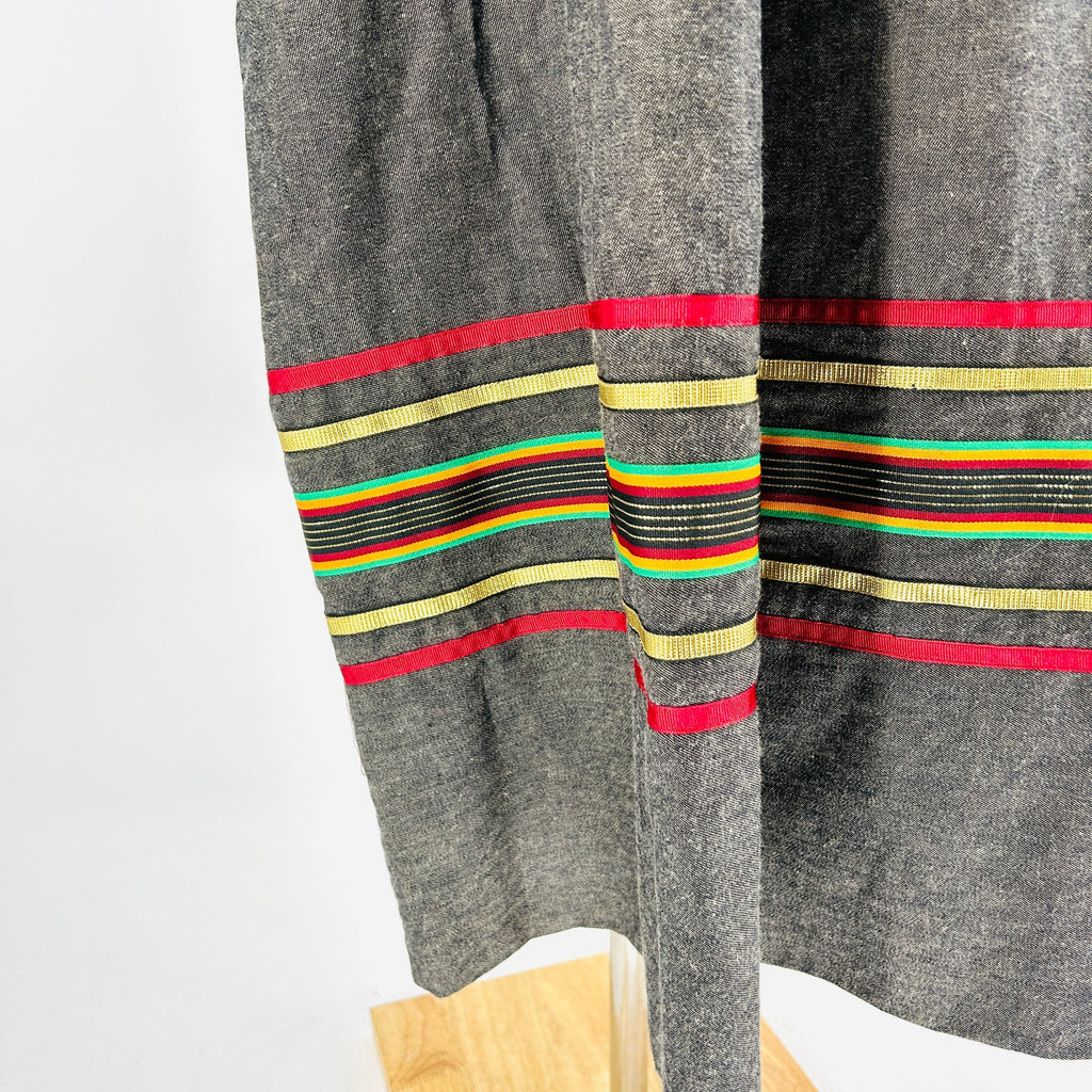 Vintage 70s Krist Gudnason Gray Striped Ribbon Trim Puff Sleeve Muumuu Dress