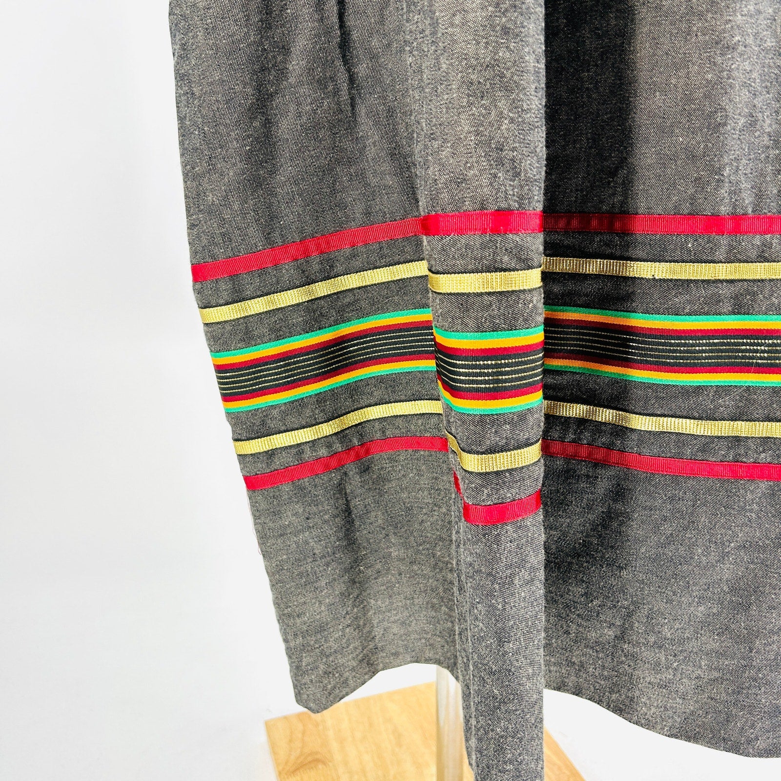 Vintage 70s Krist Gudnason Gray Striped Ribbon Trim Puff Sleeve Muumuu Dress