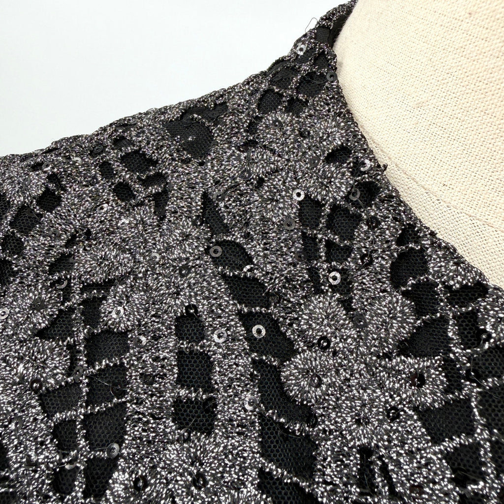Vintage Y2K Gunmetal Black Metallic Lace Sequin Formal Evening Gown