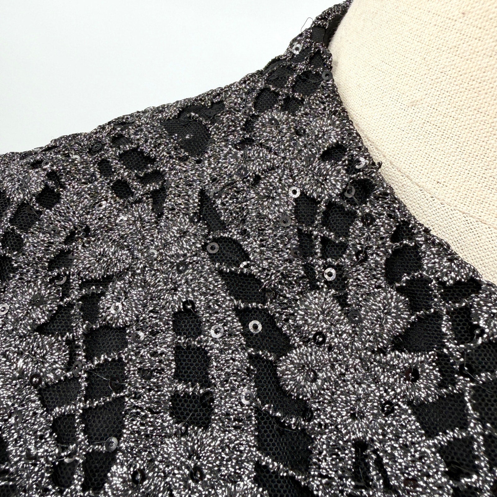 Vintage Y2K Gunmetal Black Metallic Lace Sequin Formal Evening Gown
