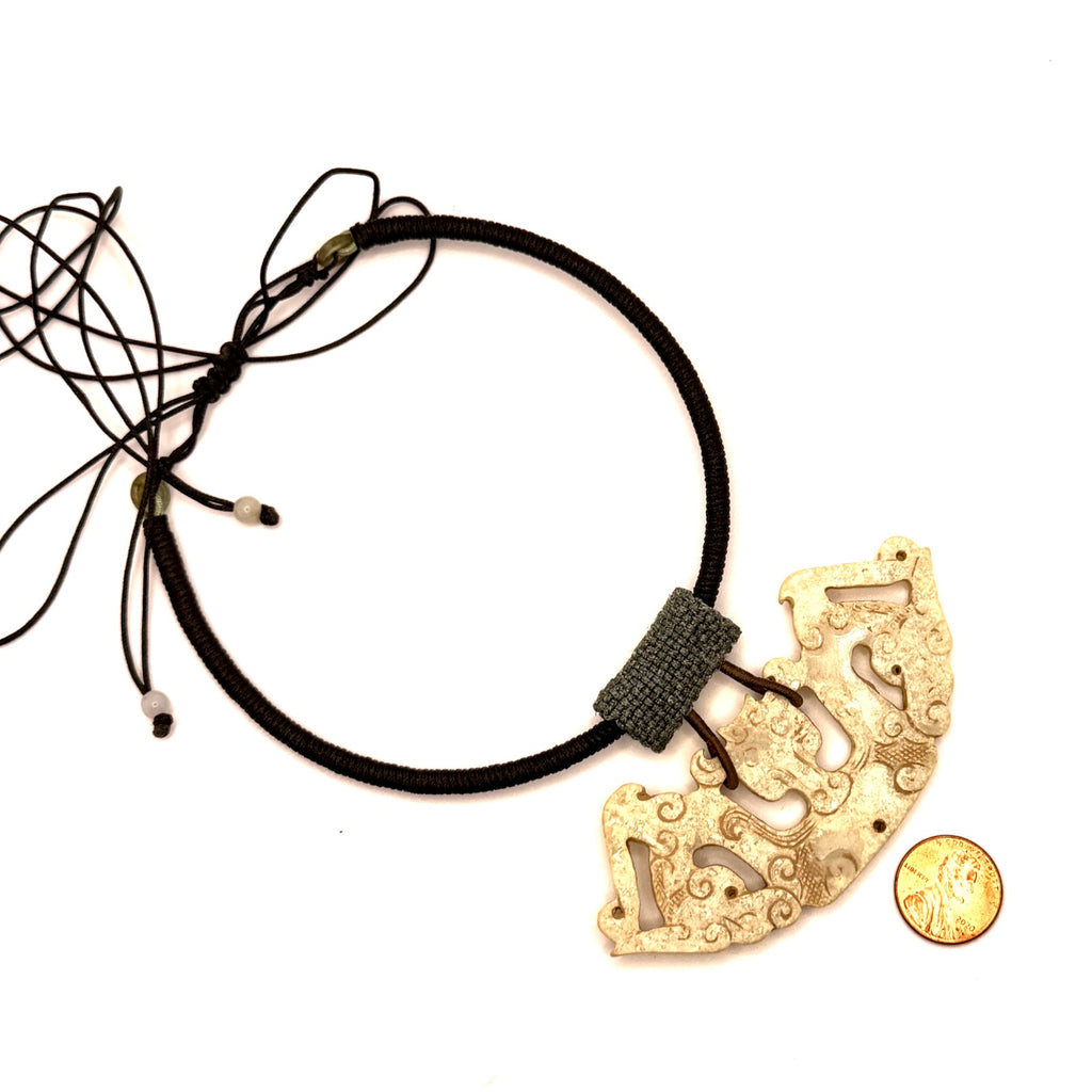 Hand Carved Cream Stone Chinese Dragon Huang Necklace