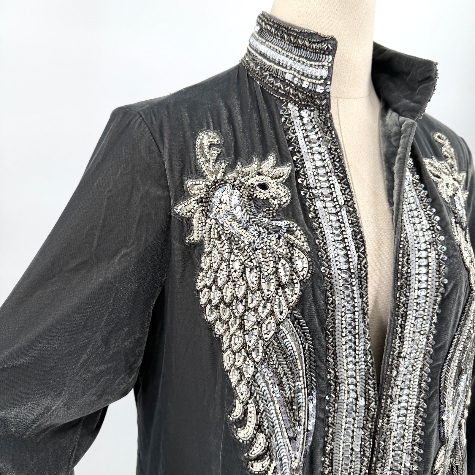 Soft Surroundings Gray Velvet Heavily Beaded Silver Duster Coat