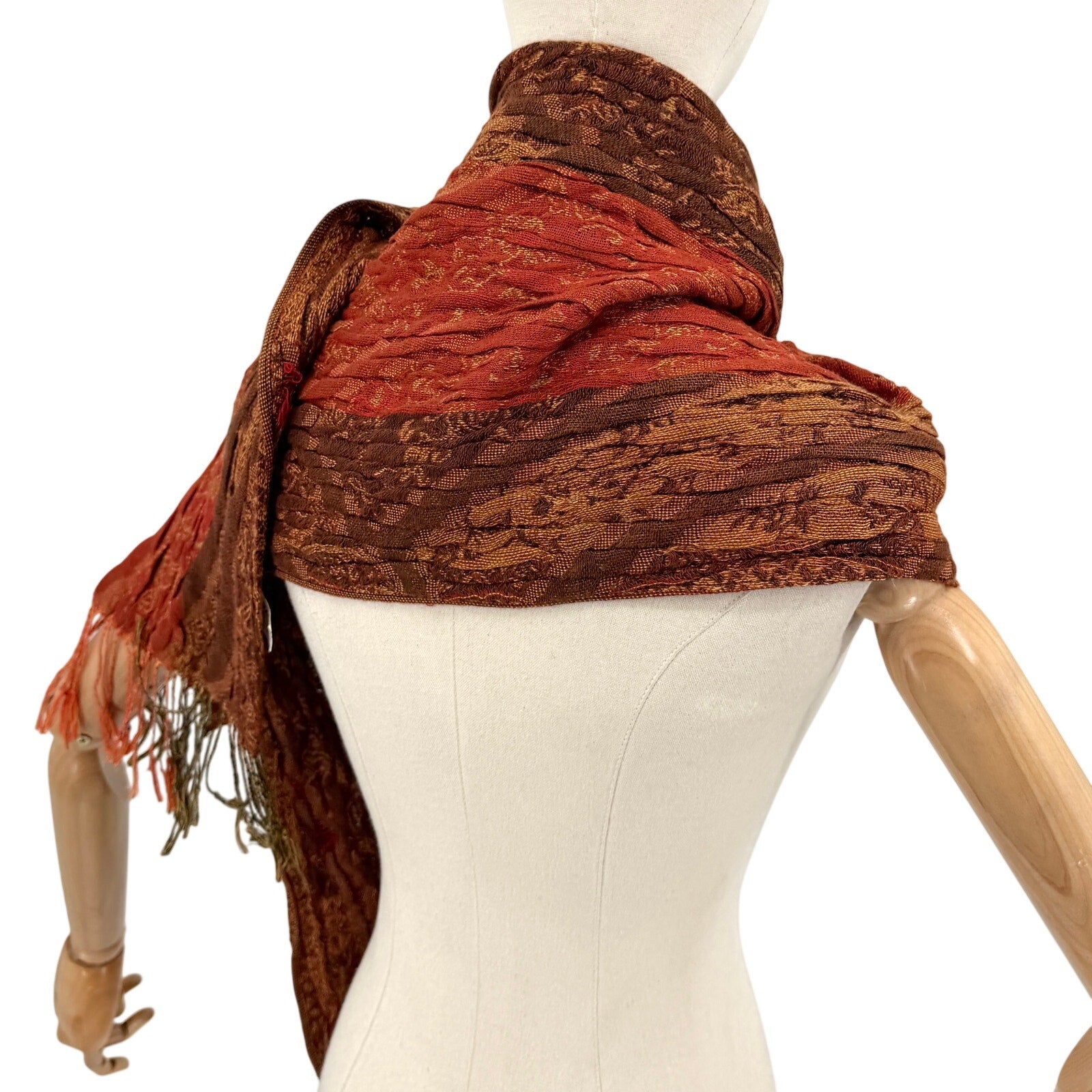 Vintage Y2K Pashmina Red Orange Woven Boho Textured Fringe Scarf
