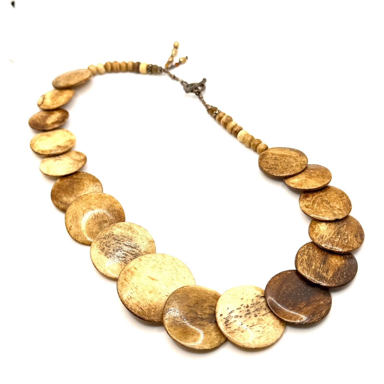 Vintage 90s Hand Carved Natural Bone Graduated Flat Disc Necklace Bracelet Set
