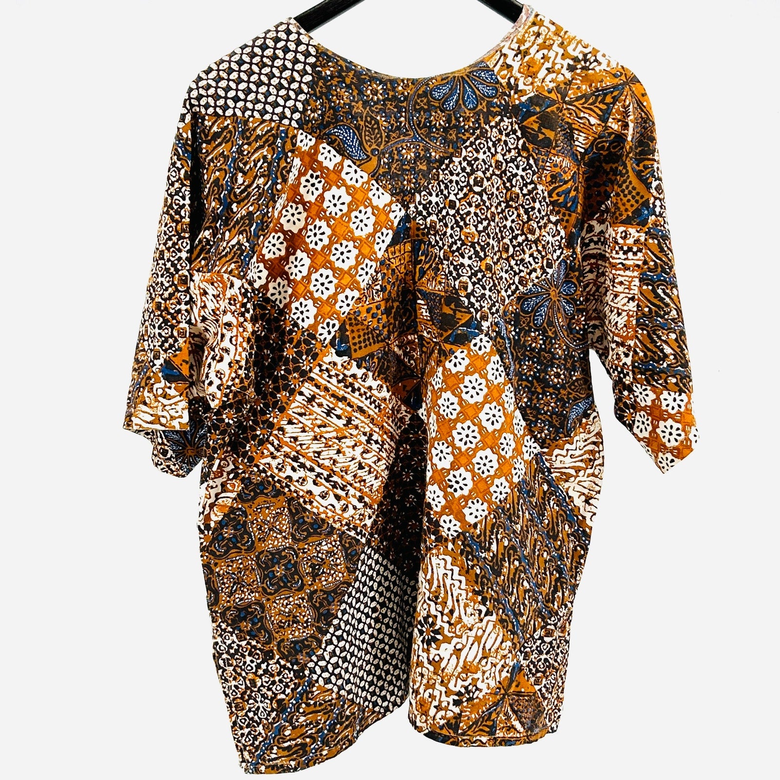 Vintage 70s Handmade Brown Patchwork Cotton Batik Short Sleeve Dashiki Shirt