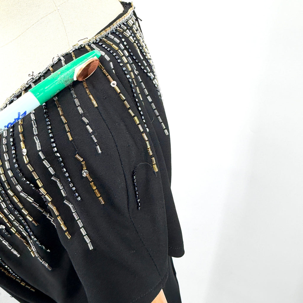 Vintage 80s Nuit Black Drop Waist Beaded Sunburst Flounce Glam Evening Dress
