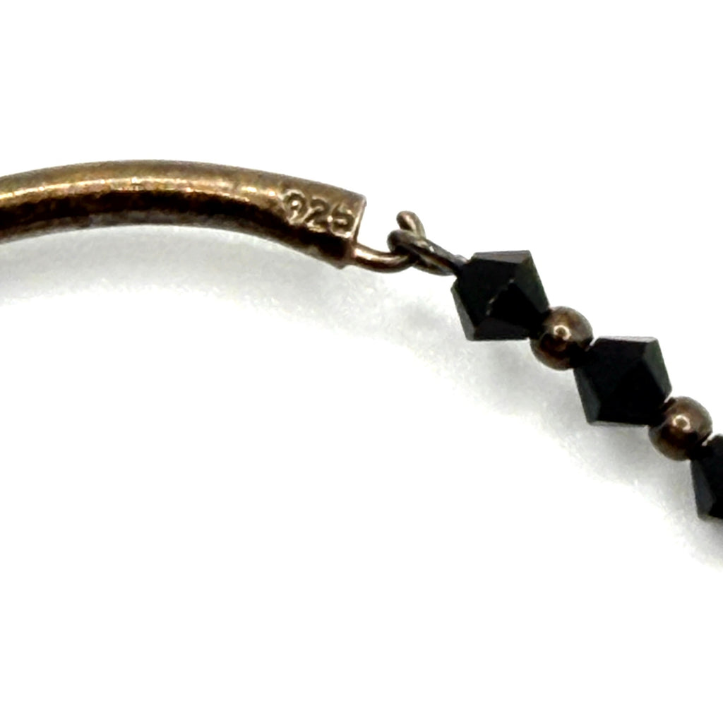 Vintage 90s Sterling Silver Black Onyx Bicone Bead Stamped Bangle Bracelet