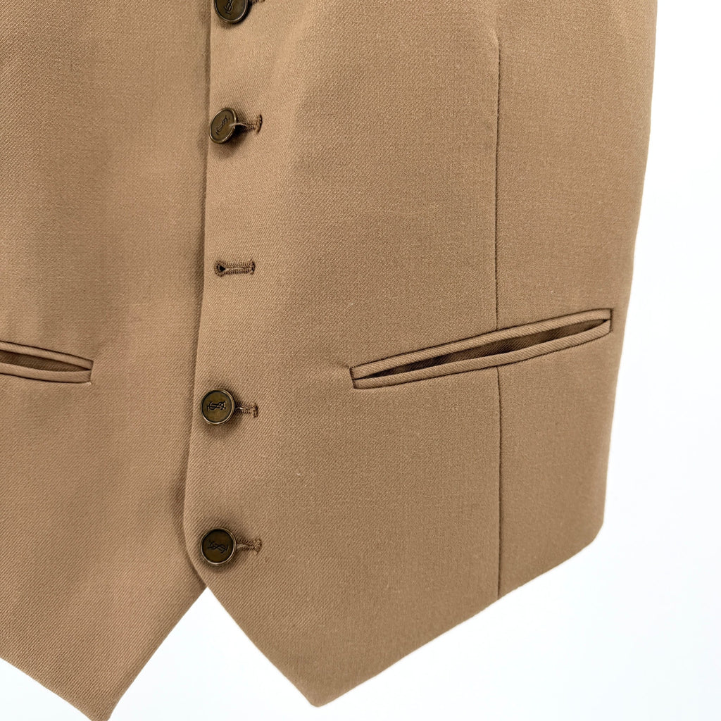 Vintage 80s YSL Beige 100% Wool Logo Button Waistcoat Vest