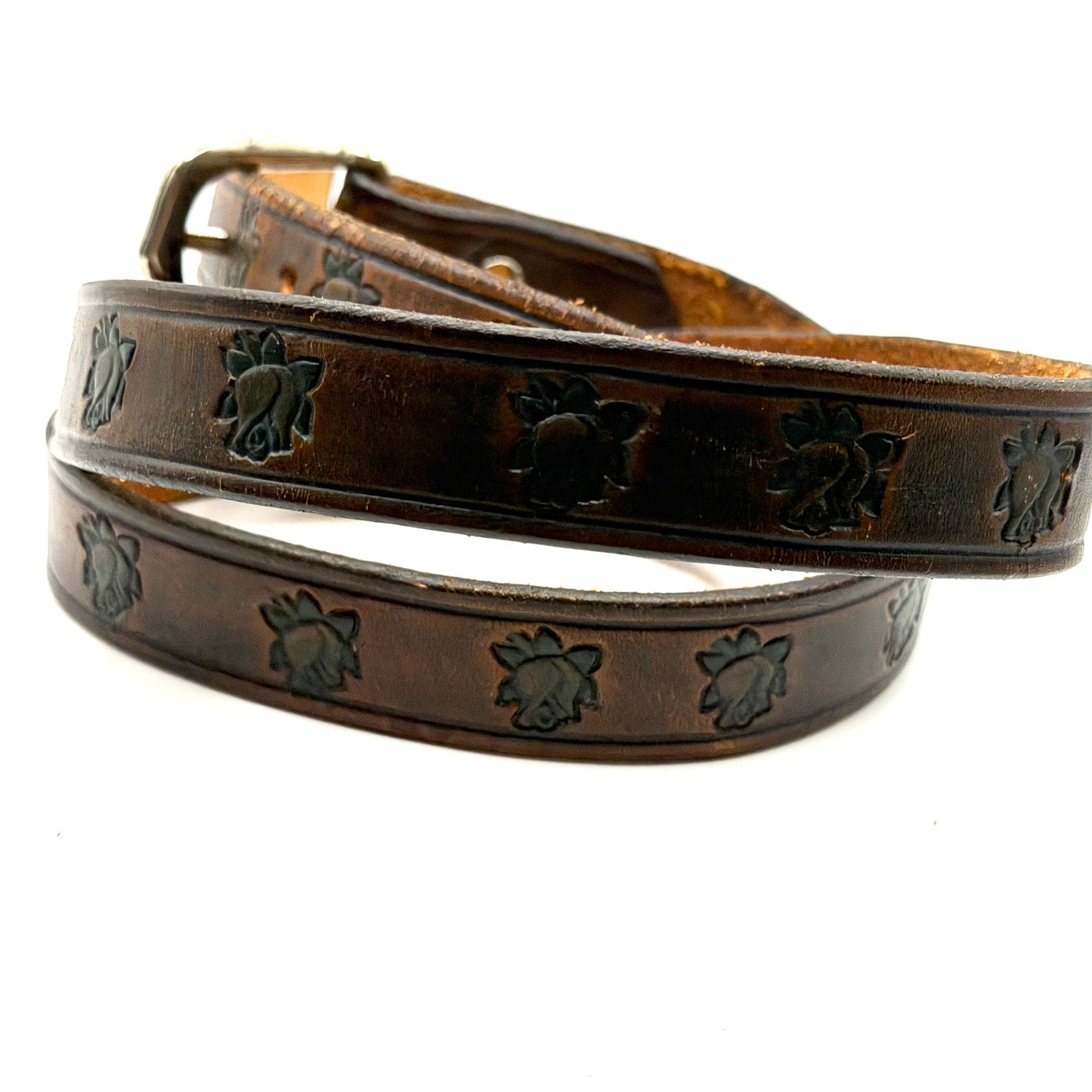 Vintage 70s Brown Genuine Leather Hand Stamped Green Rose Boho Western Belt
