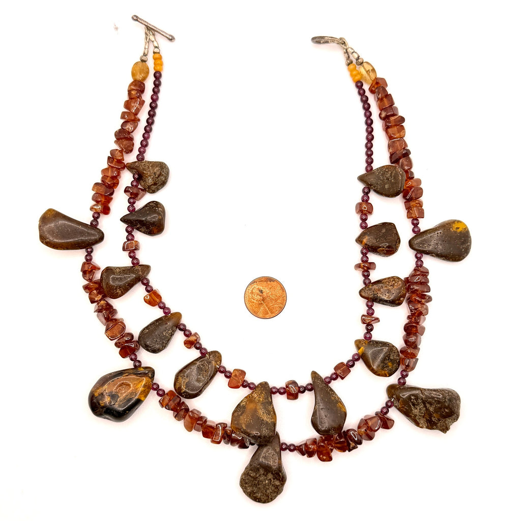 Vintage 90s Raw Amber Garnet Organic Double Strand Toggle Statement Necklace
