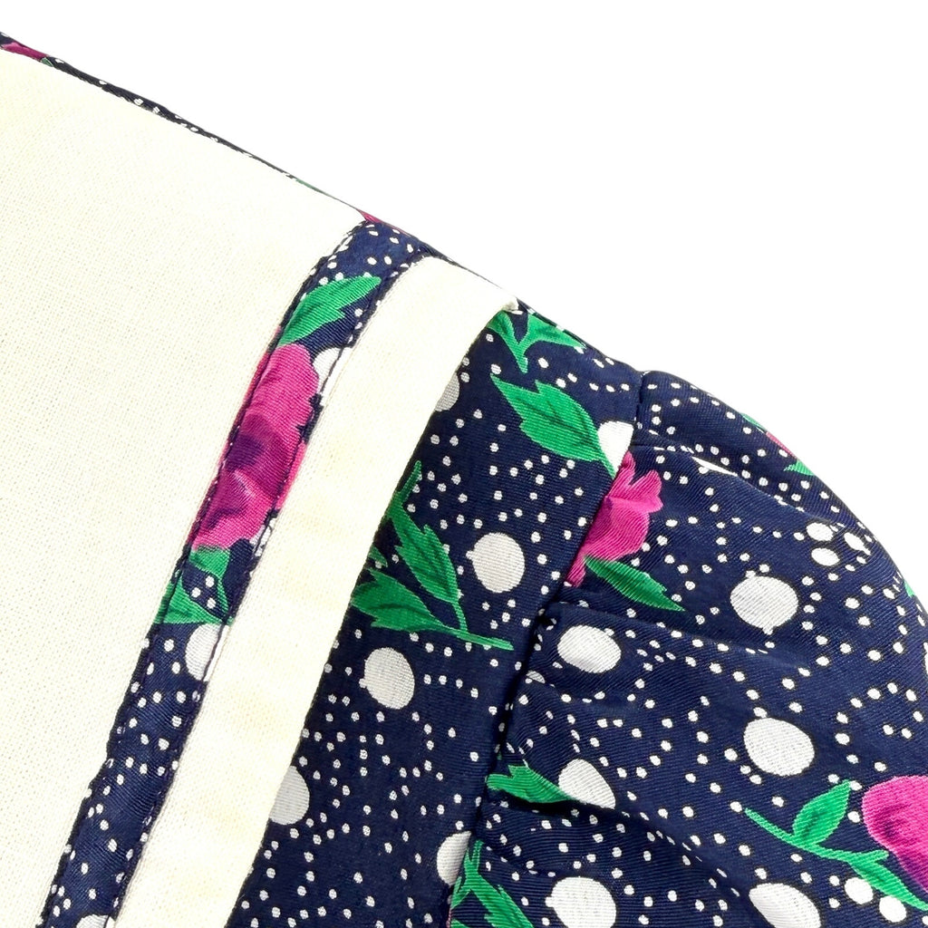 Vintage 80s Blue Floral Polka Dot Sweetheart Dropped Waist Sailboat Collar Dress