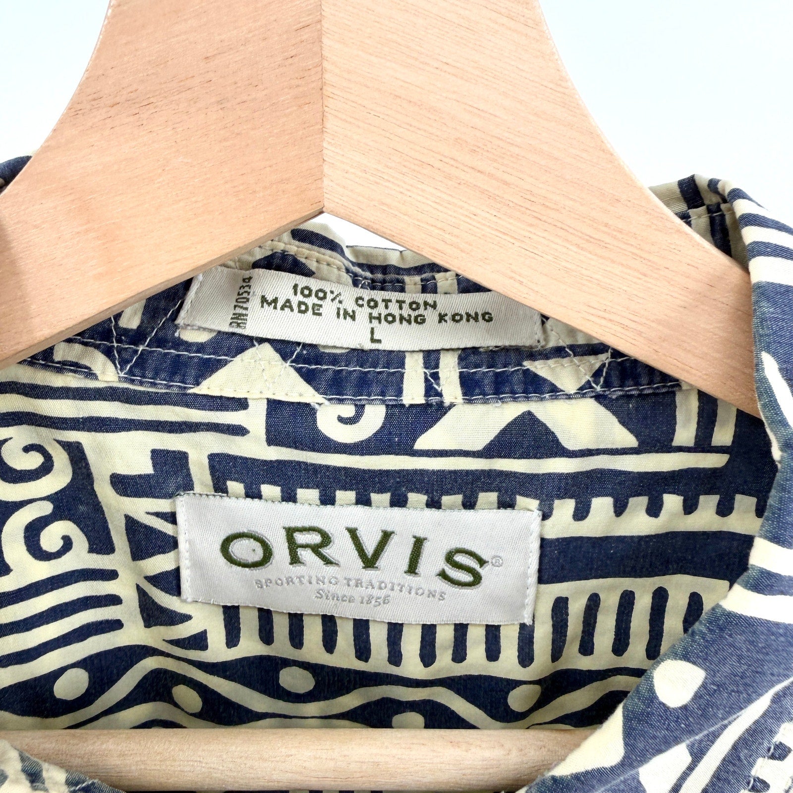 Vintage 90s Orvis Cream Indigo Blue 100% Cotton Tribal Hawaiian Shirt