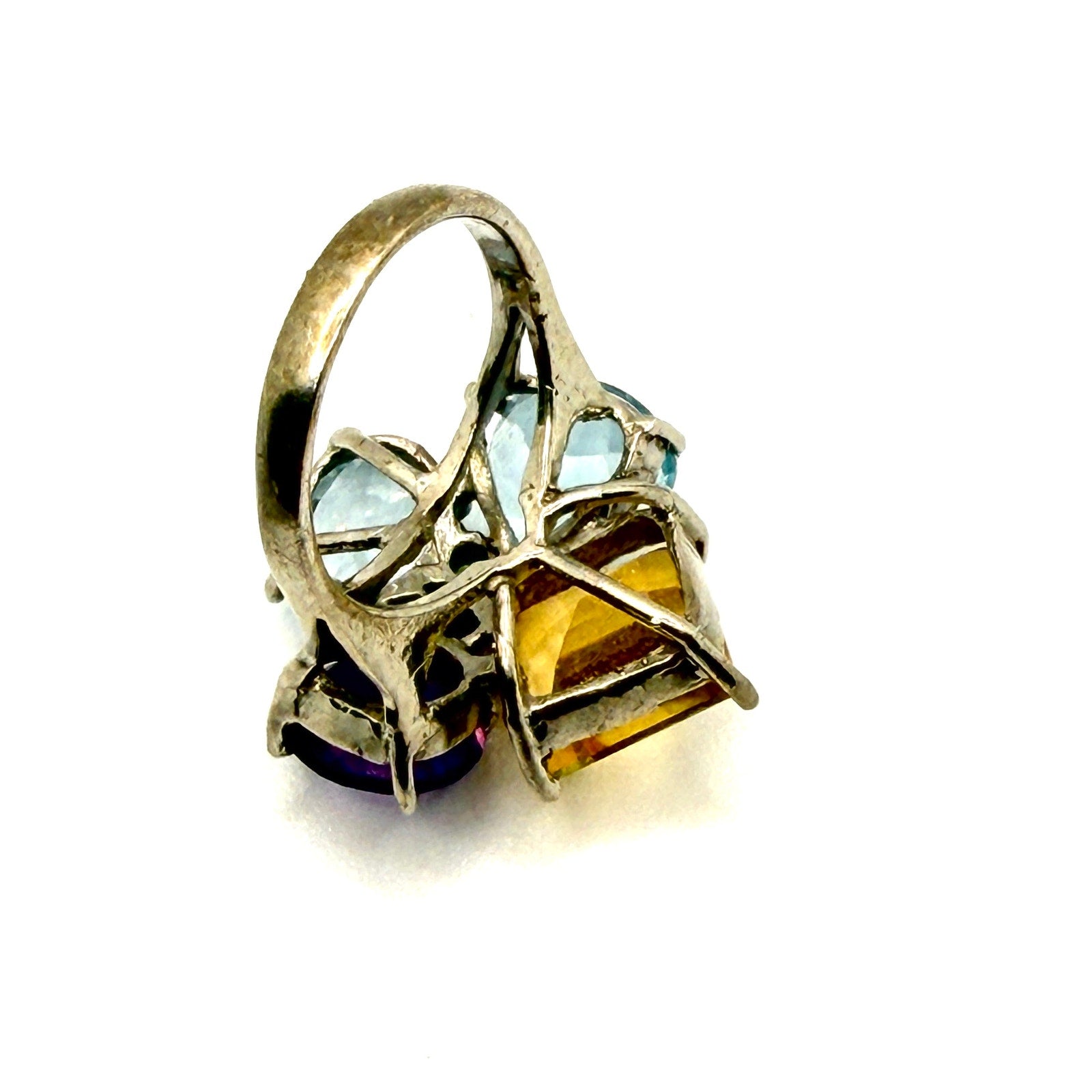 Vintage Y2K Sterling Silver Topaz Amethyst Gemstone Cluster Statement Ring