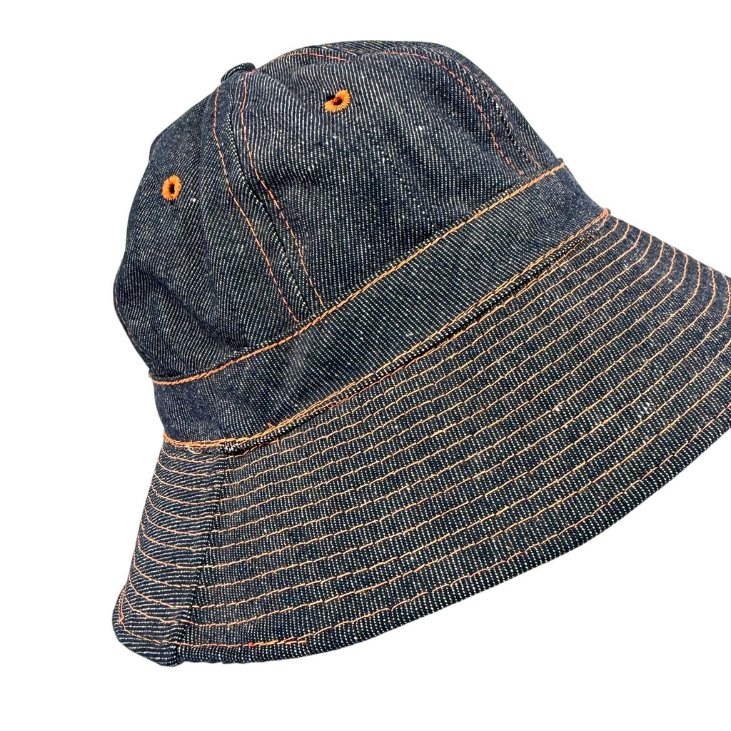 Vintage 80s Markwort Dark Blue Denim Orange Stitch Bucket Hat