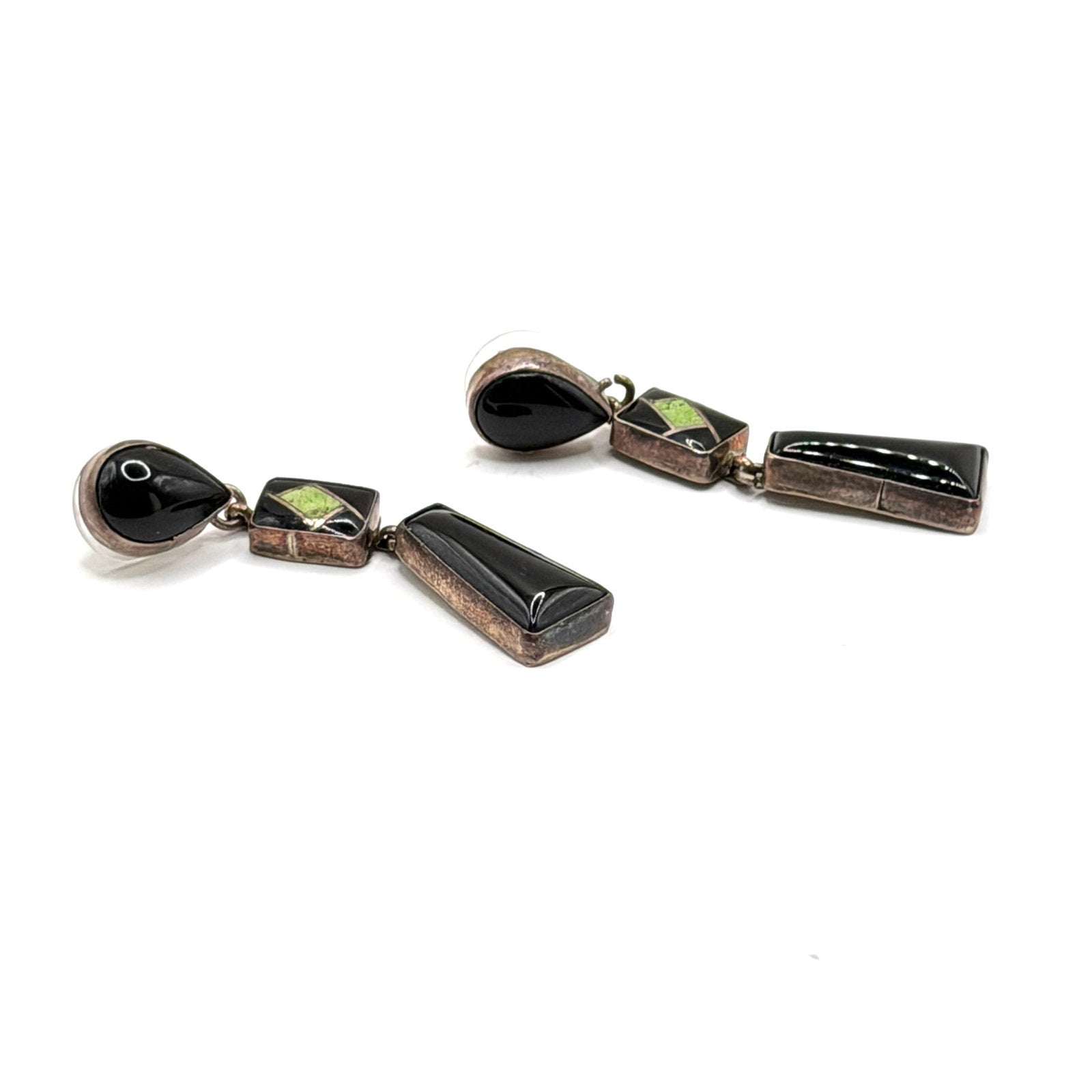 Vintage 90s Sterling Silver Black Onyx Green Gaspeite Inlay Drop Earrings