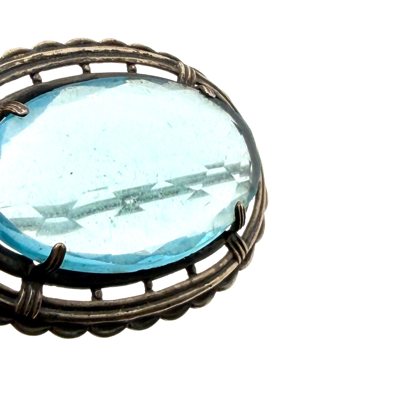 Vintage 50s Light Blue Sterling Silver Stamped Faceted Gemstone Brooch Pendant