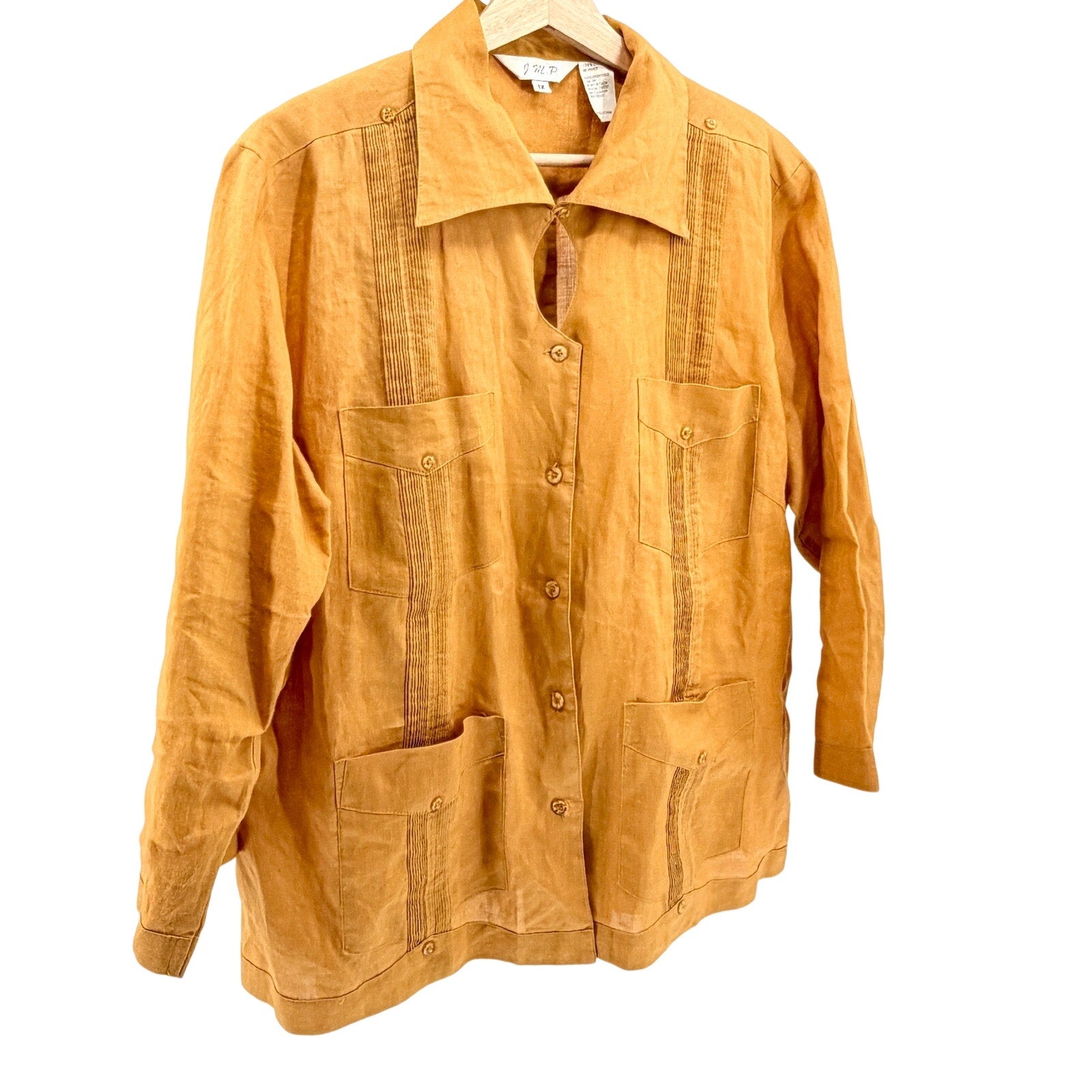 Vintage Y2K J.M.P. Ochre Yellow Linen Keyhole Guayabera Blouse
