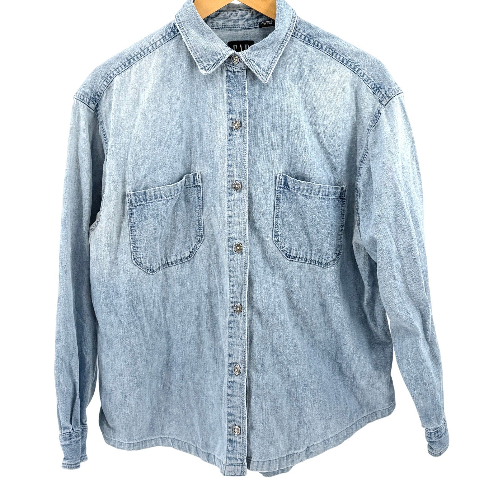 Vintage 90s Gap Light Blue 100% Cotton Butterfly Embroidered Denim Shirt