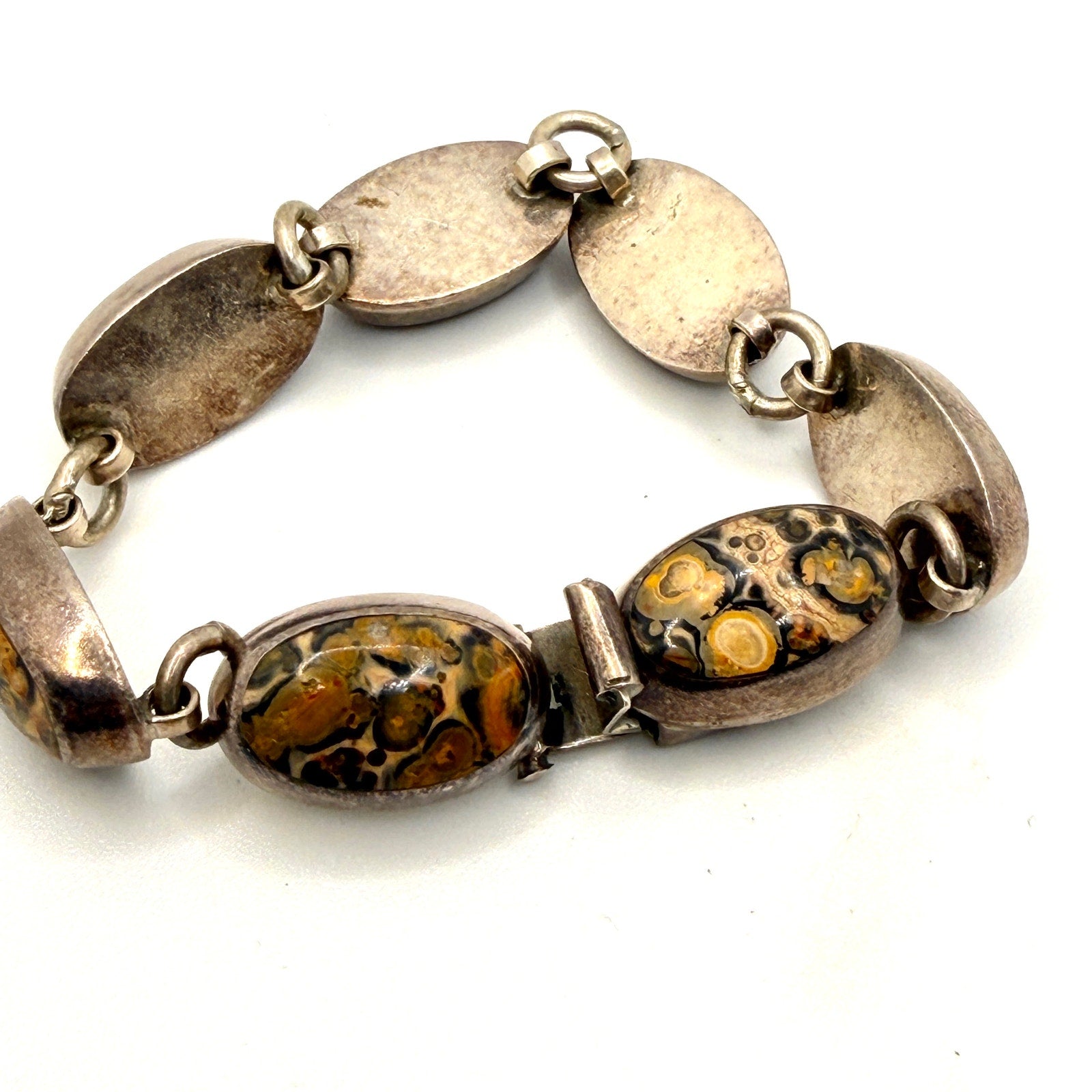 Vintage 90s Mexico Tan Sterling Silver Southwest Stamped Jasper Link Bracelet