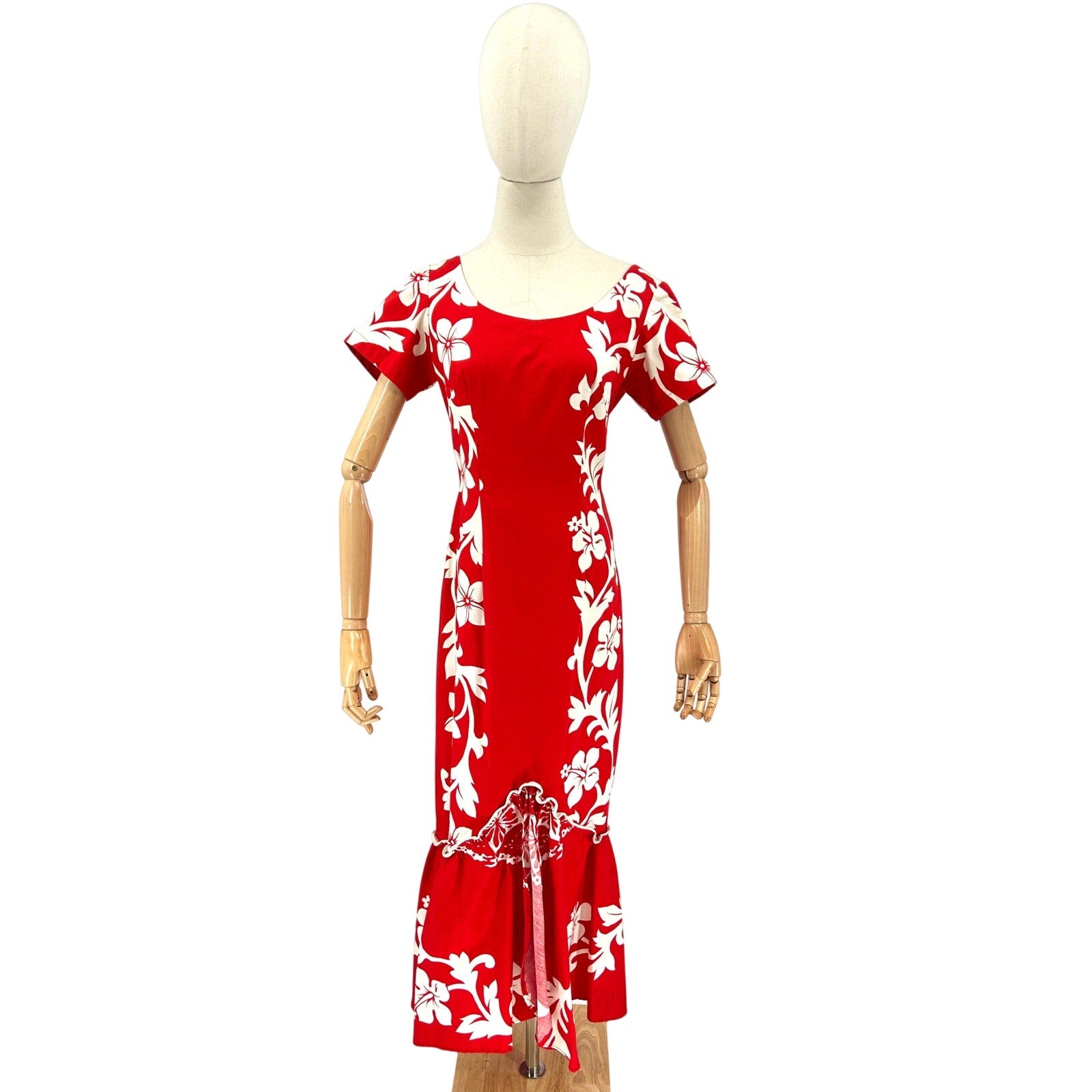 Vintage 60s Red White Hawaiian Aloha Cotton Floral Mermaid Dress