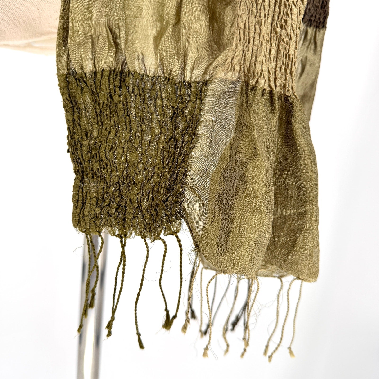 Vintage Y2K Olive Sage Green Silk Crinkled Patchwork Scarf