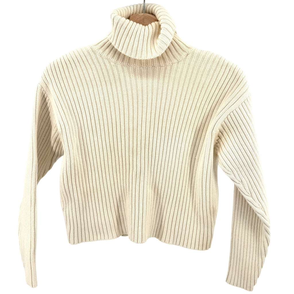 Vintage Y2K Ann Taylor Cream 100% Cotton Ribbed Crop Top Turtleneck Sweater